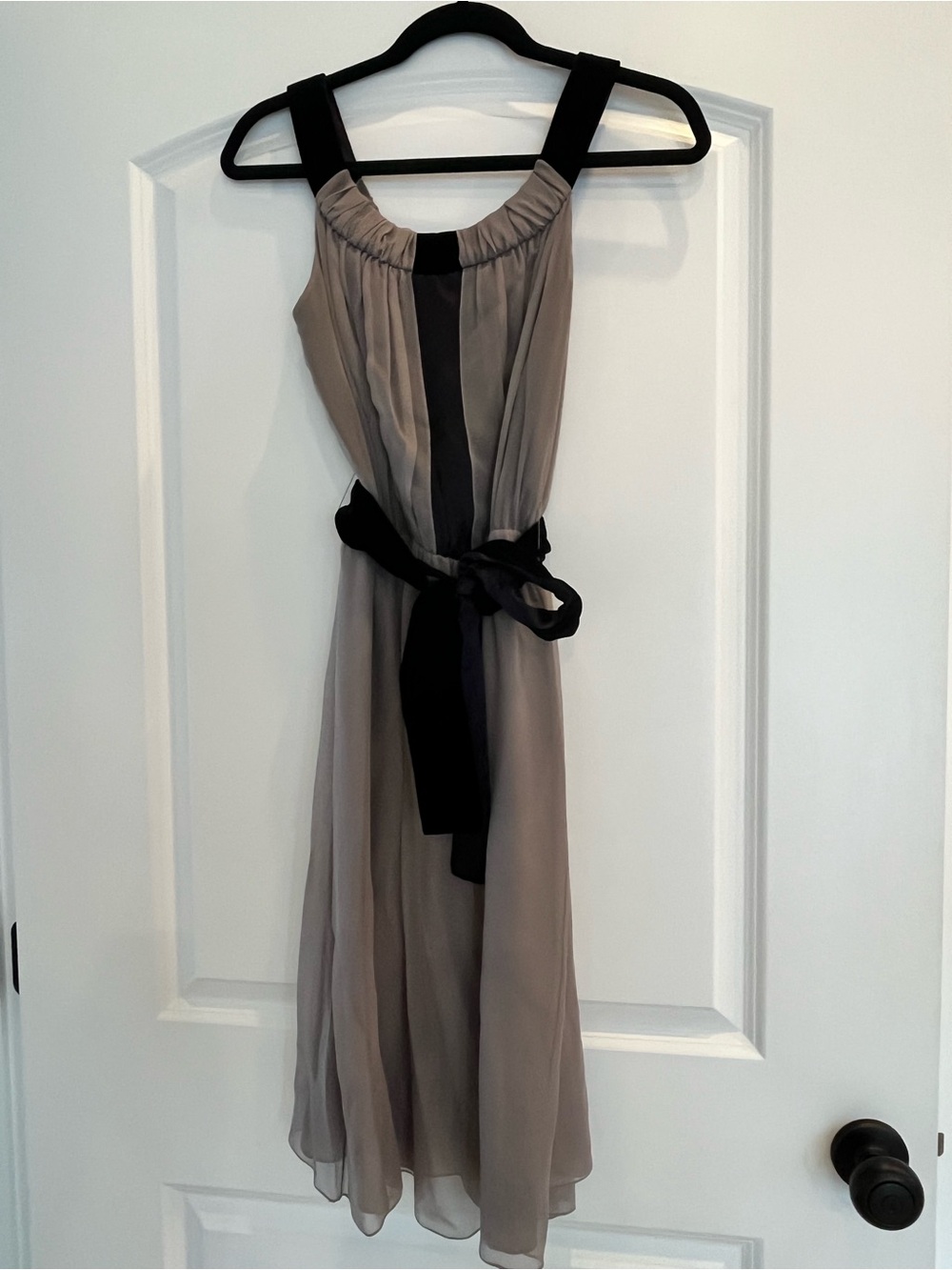 Elegant Taupe Chiffon Midi Dress with velvet belt